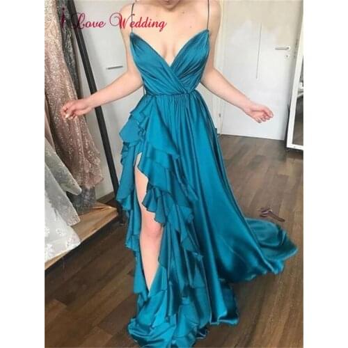 Hot Sale 2020 Vestido De V Neck Formal Gown Turquesa Chiffon Custom made Side Split Sexy Long Prom Dresses for Party Gown
