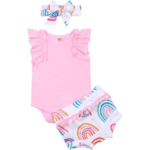 OPPERIAYA Baby Three Piece Summer Set Infant Solid Color Flying Sleeve Bodysuit Rainbow Print Shorts bow HairBand for Newborn