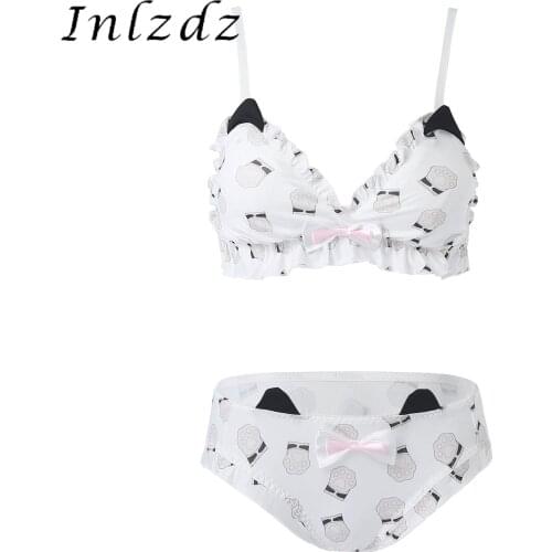 Womens Girls Lingerie Set Paw Print Bowknot Pleated Erotic Sexy Suit Trimming Removable Padded Bra with Briefs Underwear