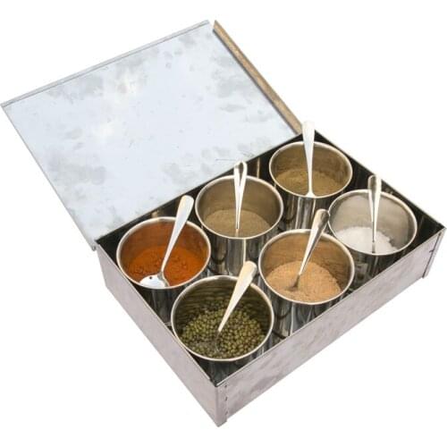 Stainless steel round thick quilt box 6 grid taste box with lid to keep the seasoning container seasoning tank