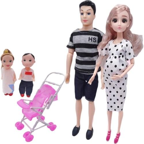 5-Person Family Dolls 1/6 Pregnant Doll Newborn Baby Stroller Nursery Toys Play House Sets for Children Girl