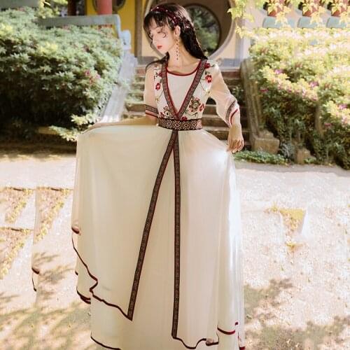 2021 Summer New Style Improved Super Fairy Chinese Style Hanfu Costume Dress Women Flared Sleeve Beach Holiday Dress