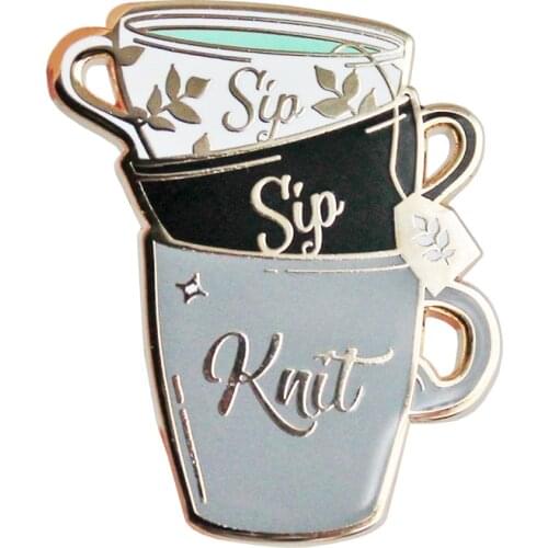 Love Pin for your knitting friend, Sip Sip Knit brooch badge