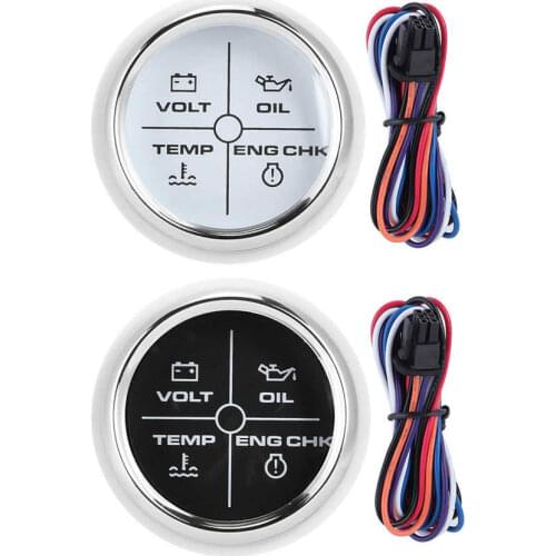 52mm/2in Multifunction 4LED Alarm Indicator Volt Water Temp Oil Pressure Alarm Gauge 12/24V for Marine Boat