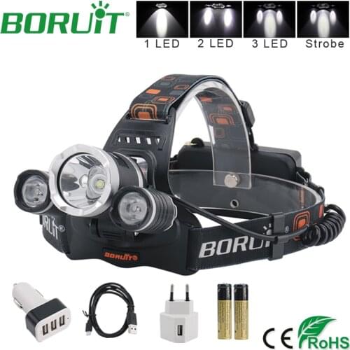 BORUiT Super Bright XM-L2 LED Flashlight Headlamp USB Rechargeable Headlight Waterproof Camping Hunting Fishing Head Torch 18650