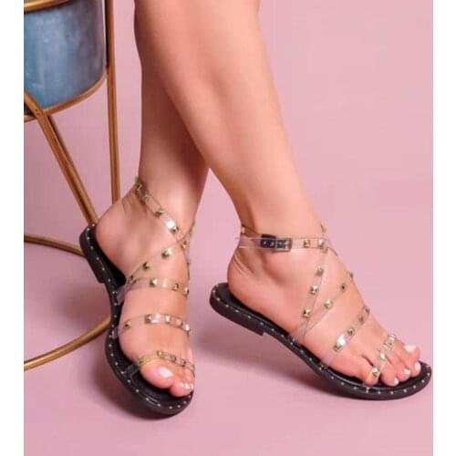 New Arrival Rhinestone Flat Sandals In 2021 Summer Beach Sandals Womens Shoes Transparent PVC Ladies Sandals Large Size 36-43