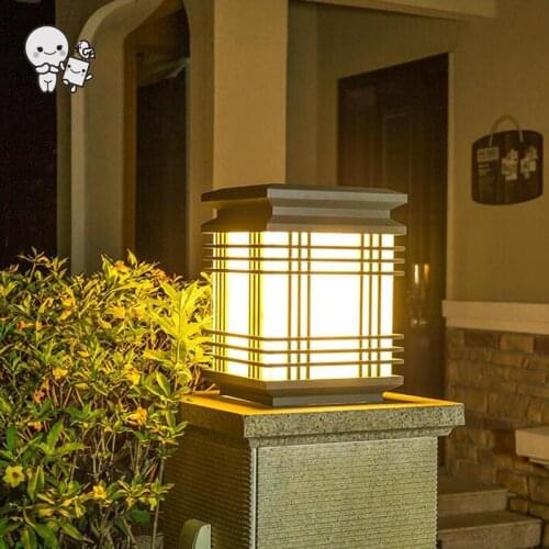 Outdoor Waterproof Marble Imitation Square Shade Landscape Lighting Fixture Art Deco Column Pillar Pole Lamp for Garden E27 Bulb