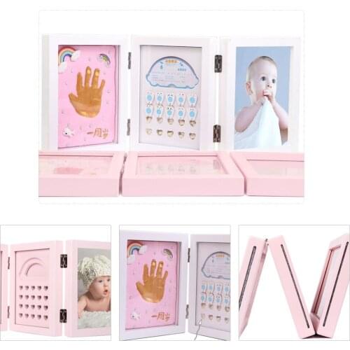 Baby Handprint Footprint Photo Frame Teeth Lanugo Keepsake Box Triple Foldable Wooden Picture Frame With Clay