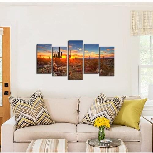 National Park Landscape Canvas Painting Cactus Plant Sunset Home Decoration Poster Five Piece Set Wall Picture for Living Room