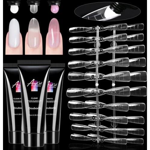 Poly UV Gel Manicure Set 3pcs Nail Extension Acrylic Builder Art Gel with Almond Nail Tips Nail Lamp Crystal Jelly