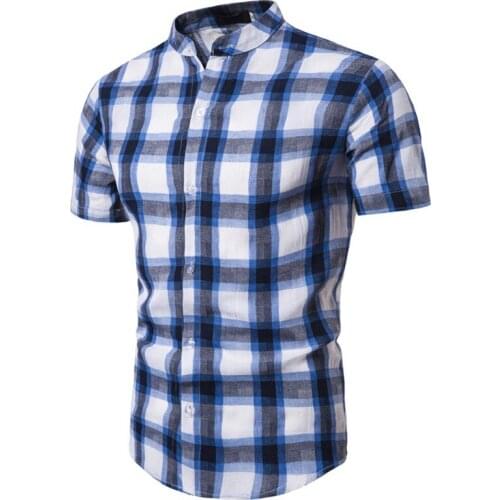 Men shirt short vintage plaid shirts men short sleeved mens shirts stand collar European size summer cotton shirt male