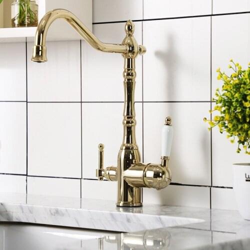 Kitchen Sink Faucets Hot & Cold Solid Brass Mixer Taps Double Handle Deck Mounted Rotating Gold/Chrome Basin Crane Vessel