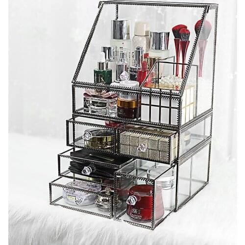 Glass Makeup organizer Bathroom Cosmetic organizer with golden covered edge Pencil Box Perfume make up tools Lipstick organizer
