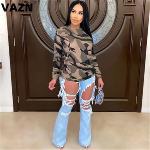 VAZN 2020 Autumn Upsurge Camouflage Casual Daily Nature Regular Designer Round Neck Full Sleeve Women Regular Slim Tees