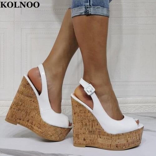 Kolnoo Handmade Ladies Wadges Heels Sandals Slingback Buckle Strap Real Pictures Large Size US5-15 Evening Club Fashion Shoes