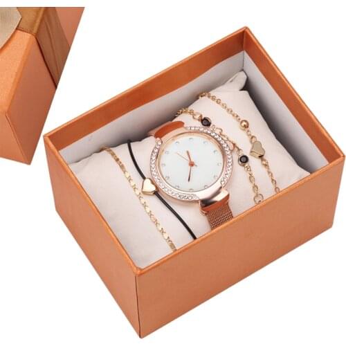 Women Watch Bracelet Bohemian 6 Pcs/Set Gem Shiny Clock Black Leather Bangle Chain Links Bracelet Small Heart Jewelry Gifts Sets