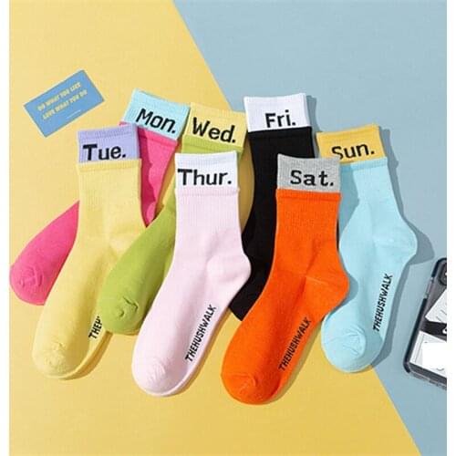 Womens Double Screw Type Cotton Socks 2020 Candy-Colored Sports and Leisure 7-Day Socks Fashion Color Matching Womens Socks