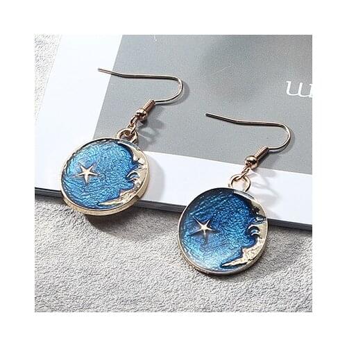 SOHOT 2019 New Trendy Long Star Moon Pendant Drop Earrings Cute Blue Pink Color Round Asymmetry Top Quality Girls Kids Lady Gift