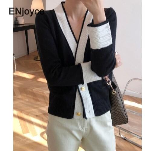 Spring Fall Vintage Contrast Color Knitted Cardigans Tops Women Ribbed Sweater Ladies Single Breasted Knit Sweaters Workwear