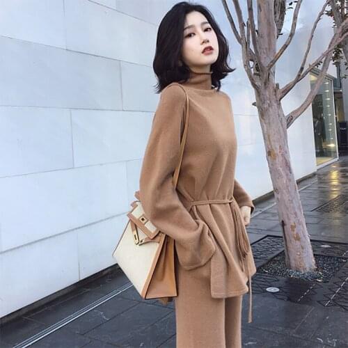 Knitted Tracksuit Plus Size 2 Piece Set Autumn Women Sweatshirts Suit Turtleneck Pullover Tops + Wide Leg Pants Two Piece Set