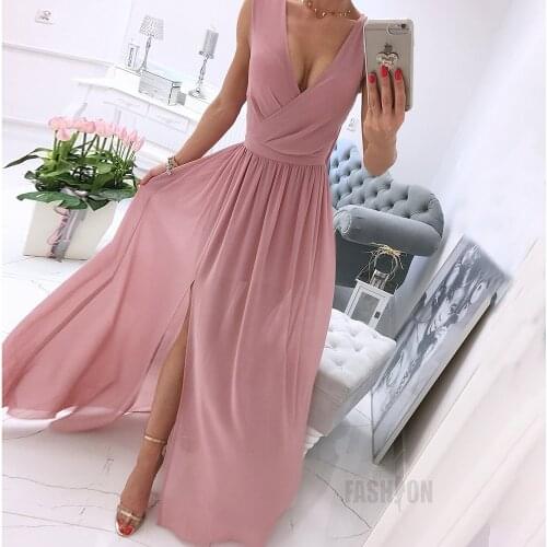 Summer Elegant Sleeveless Maxi Dress For Women Deep V-Neck Women Chiffon Split Longbeach Dress White Party Beach Dresses Vestido