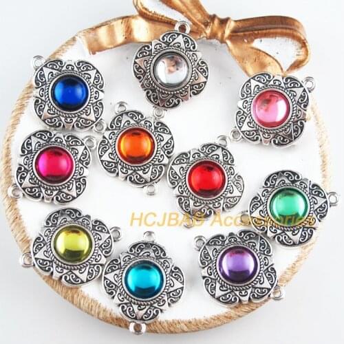 10 New Heart Charms Mixed Acrylic Flower Connectors Tibetan Silver Tone 23.5x30mm