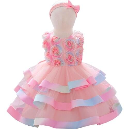 Rainbow Color Toddler Girls Ball Gown Flowers Layered Colorful Baby Birthday Party Dress Kids Clothes