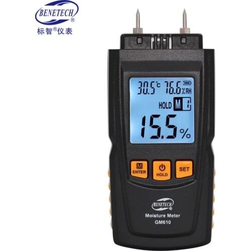 BENETECH GM610 Wood Moisture Meter 2Pins Humidity Tester Timber Damp Detector Hygrometer Range 0~70% Digital LCD Display