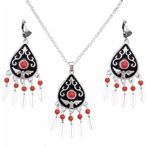 Boho Gypsy Vintage Metal Carving Flower Red Green Beads Leaf Tassel Turkish Charm Necklace Earring Jewelry Sets for Women