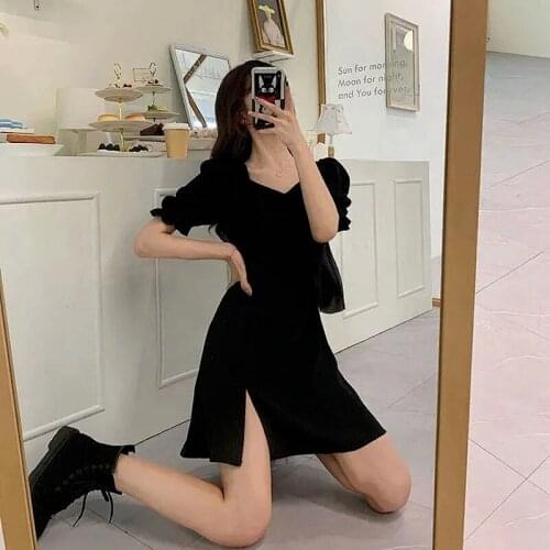 Black Retro Puffy Sleeve Dress Ladies Large Size 4xl Elegant Friend Side Open Temperature Temperament Simple Shirring2021 Summer