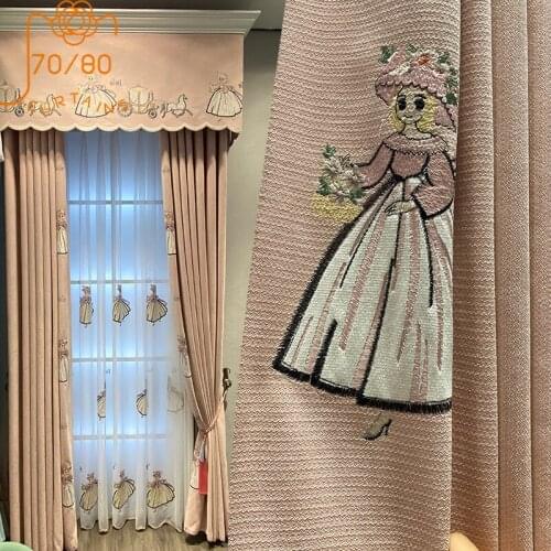 French High-end Girl Room Pink Princess Cartoon Chenille Embroidery Curtains for Bedroom French Window Bay Custom Made