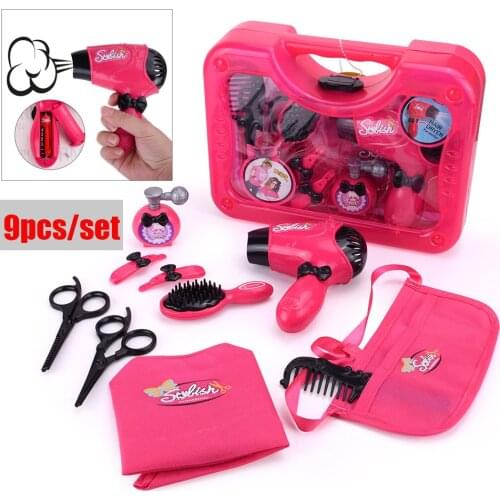 Pretend Play Makeup Toys Simulation Hair Dryer Barber Scissors Comb Curling Iron Toolbox For Girl Kids Makeup Toys Set