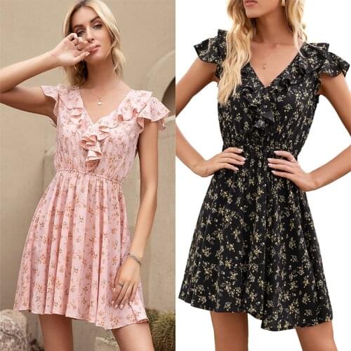Summer Dress Womens Clothing 2021 Sexy Floral Print Mini Dresses Ruffled Short Sleeve Black Dress For Women Vetidos Femme Robes