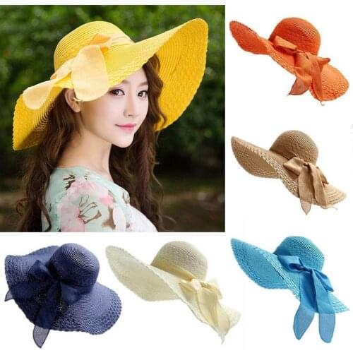 Top Selling Straw Bow Sun Hat Floppy Wide Brim Visor Protection Hat Women Beach Cap Summer Caps For Women gorras hombre кепка