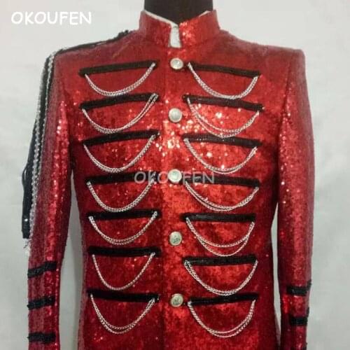 Fashion Men Red single-breasted silver chain hanging sequins long-sleeved Royal Jacket Stage magic props bar singer costume