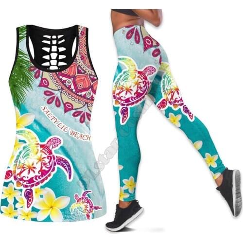 Sea turtle Polynesian 3D Printed Hollow Out Tank Legging Suit sexy Yoga Fitness Soft Legging Summer Women For Girl 12