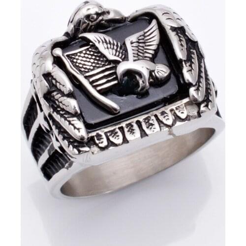 Mens Biker Stainless Steel Eagle Flag Solid Back Ring US Size 8/9/10/11/12/13/14/15