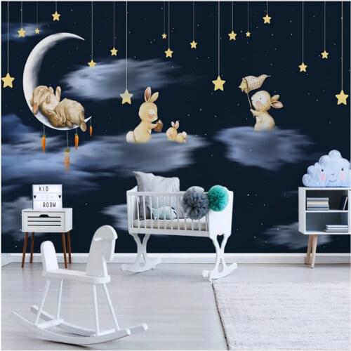 Nordic Hand-painted Children Room Cartoon Rabbits Sky Night Stars Wall Paper 3D Lovely Animals Mural Wallpaper for Kids Room