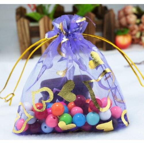 Wholesale 200pcs Purple Organza Bags 7x9cm Small Gift Bag Wedding Drawable Organza Pouches Favor Hearts Jewelry Packaging Bags