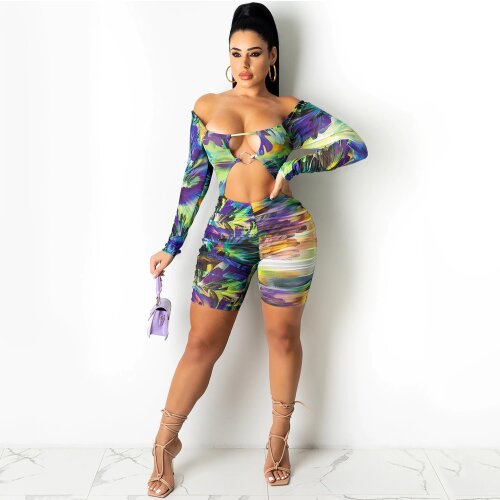 Off The Shoulder Beachwear Rompers Womens Bodysuit Slash Neck Full Sleeve Print Playsuit Summer Waist Band Cut Out Club Outfits