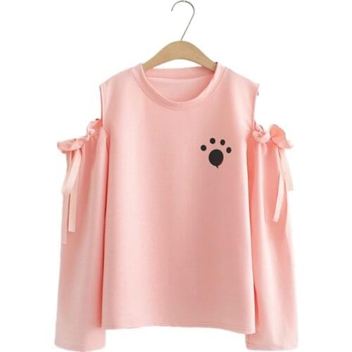 Pink Women Sweatshirt Drop Shoulder Long Sleeve Print Hoodies 2020 Autumn Hollow Out O-neck Cotton Pullover Sweet Style Tops