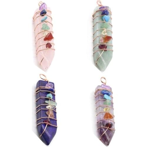 Arrow Shape Genuine Stone Pendant Charm Copper Wire Wrapped Healing Point Fashion Necklace with Gold Chain DIY Jewelry