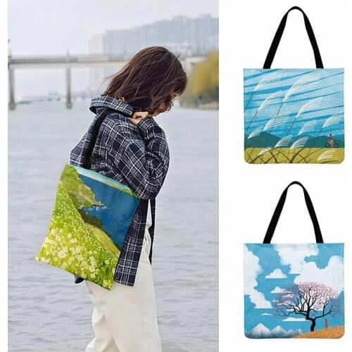 Foldable Shopping Bag Abstract Geometric Art Scenes Print Tote Bag For Women Casual Tote Ladies Shoulder Bag Outdoor Beach Bags