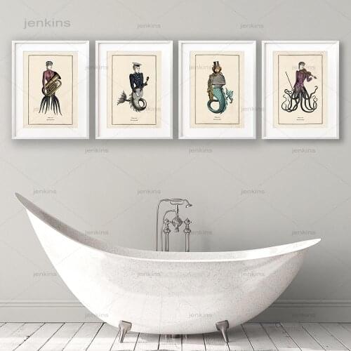Vintage Octopus Print Funny Toilet Wall Art Cloakroom Poster Retro Gothic Steampunk Bathroom Wall Pictures Canvas Painting Decor