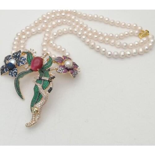 YYGEM 21" 2 Strands White Round freshwater Pearl Necklace cz pave flower monkey gold color plated Pendant luxury wedding