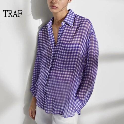 TRAF Za Top Women Shirt 2021 Summer Loose Blue Plaid Long Sleeve Top Woman Clothing Vintage Casual Button Woman Blouses Chic Top