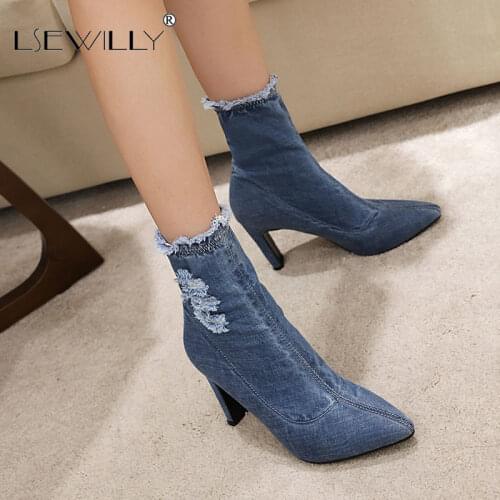 Lsewilly Sexy Jean Boots Womens Short Boot Winter High Heel Denim Boot 2020 Lady Stylish Jeans Ankle Boots Shoes Cowboy