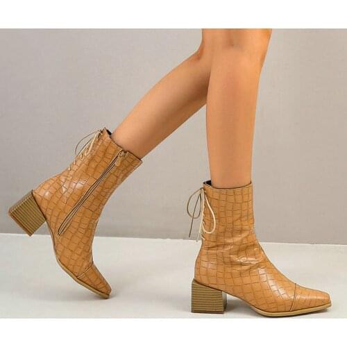 Women Tooling Boots Autumn Winter Fashion Square-Toe Non-Slip Short Boots Women Cross Straps Thick Heels Zipper Embossed Shoes