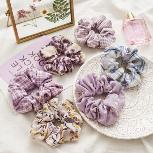 New Lattice Women Scrunchies Elastic Hair Ring Hair Accessories Chiffon Purple Floral Ponytail Holder Girl Hair Ties Rope Plaid