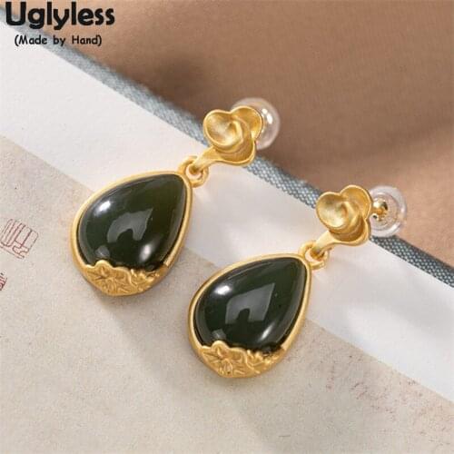 Uglyless Real 925 Silver Lotus Leaf Earrings for Women Water Drop Gemstones Earrings Natural Green Jade Brincos Ethnic Clouds